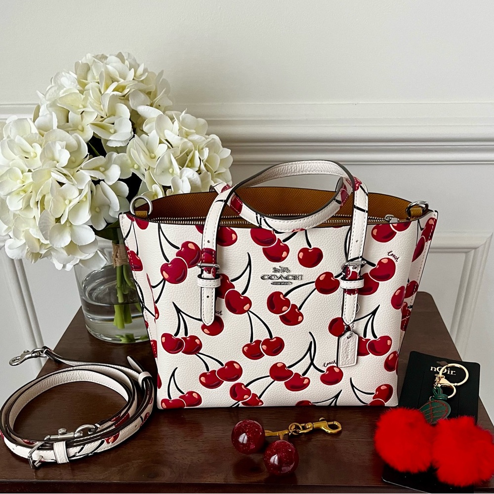 Coach Cherry Leather Mollie 25 tote with long strap and two cherry charms 🍒 EUC